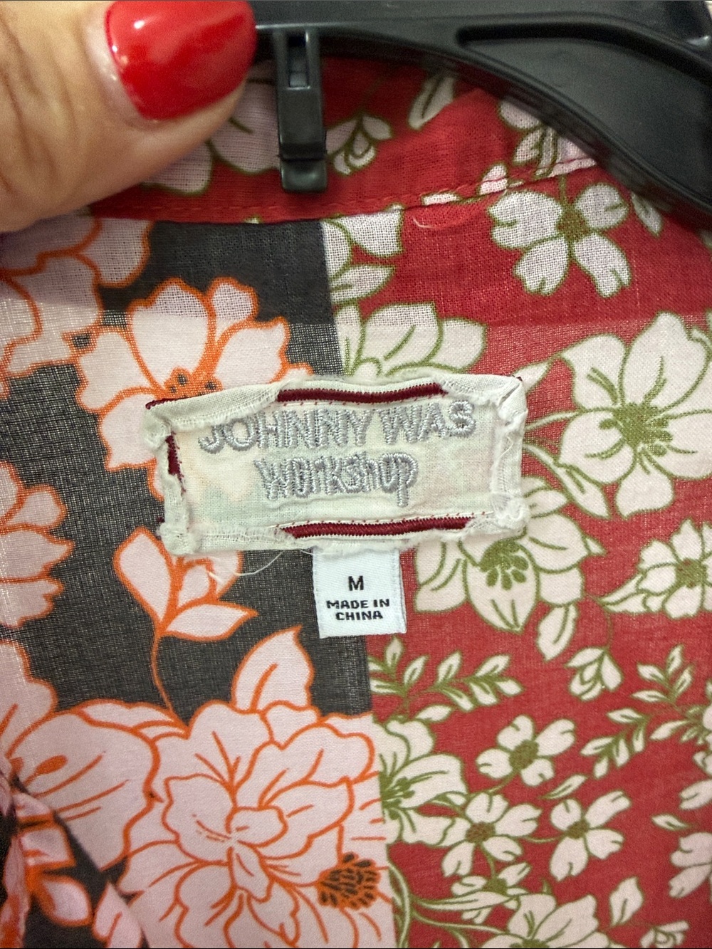 Johnny Was Red and Pink Floral Patchwork Button-Down Shirt - Picture 3 of 4